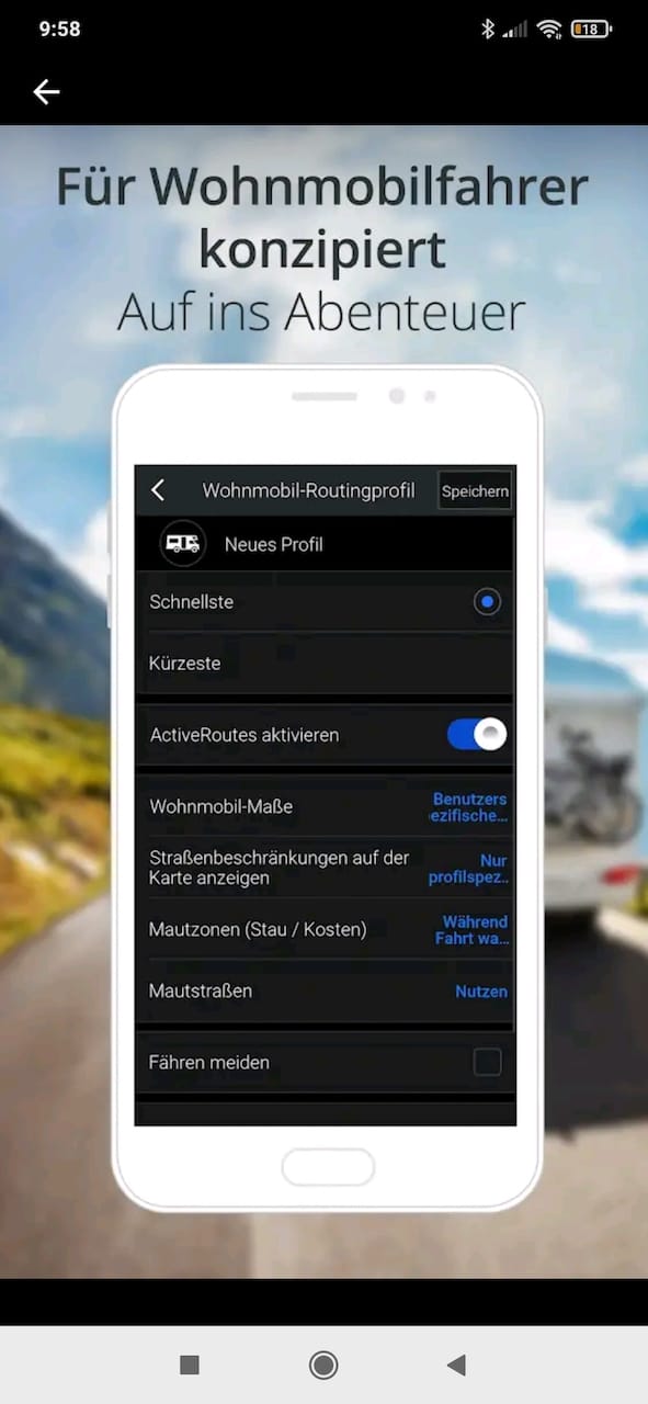 Schermafbeelding van Copilot GPS voor het navigeren van campers en caravans