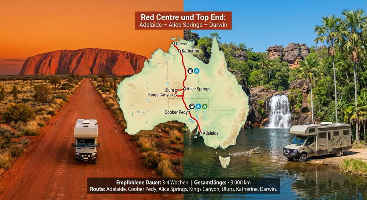 Camper in de outback van Australië met kaart en waterval op de achtergrond, met airconditioning en flexibel onderweg.