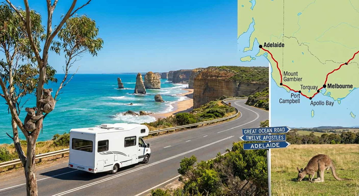 Camper op een Australische kustweg met kangoeroes, rotsen en de zee op de achtergrond.